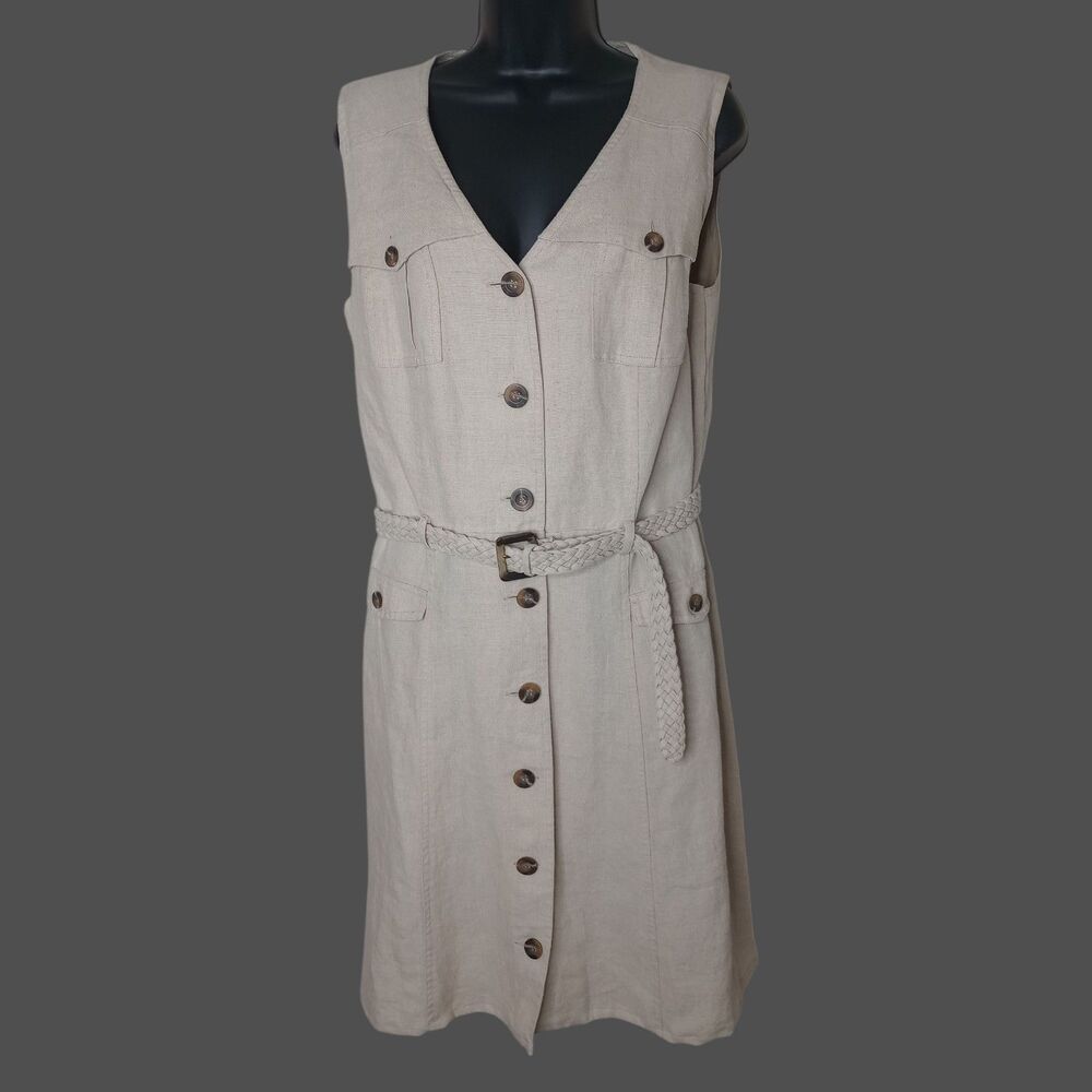 Linen Safari Shirt Dress Belt Womens 16 Beige Button Up Tropical Coastal Beachy